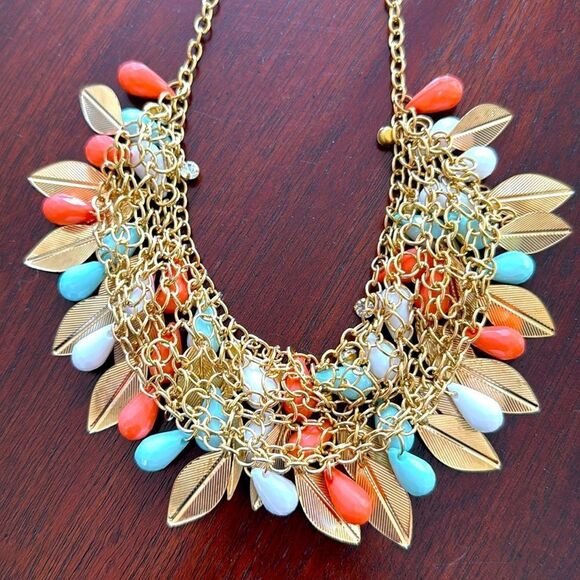 Betsey Johnson Colorful Bib Statement Necklace - Coral, Blue & White Leaves - Picture 6 of 7